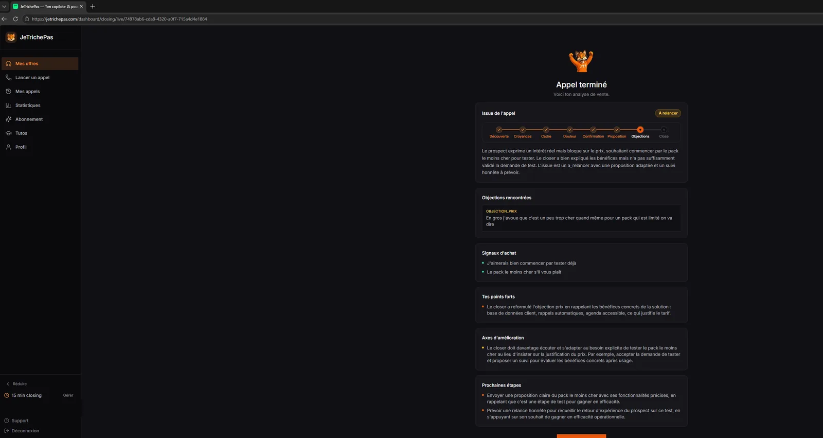 Analyse post-appel : issue, objections rencontrées, signaux d'achat et prochaines étapes