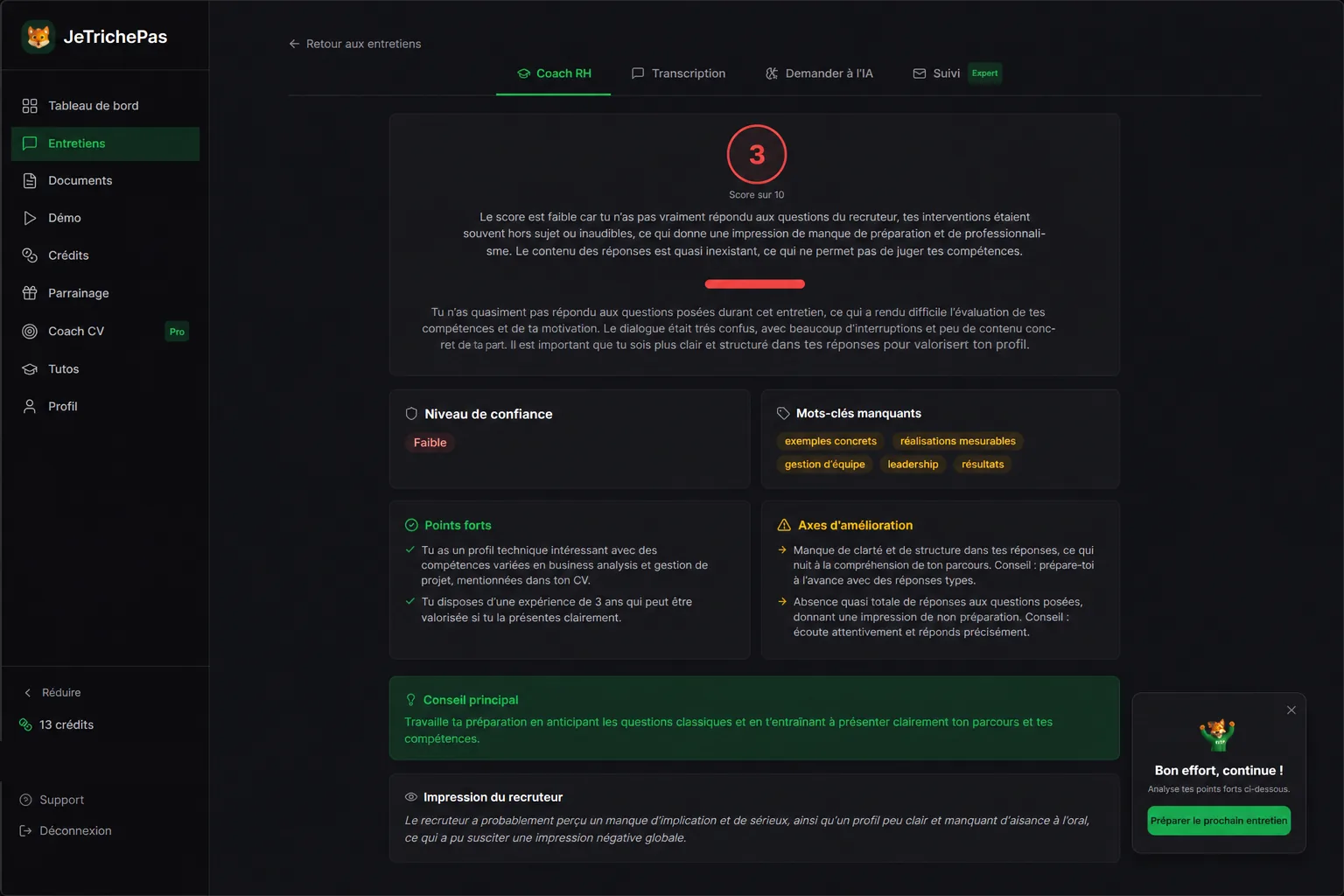 Débrief post-entretien : score, points forts et axes d'amélioration