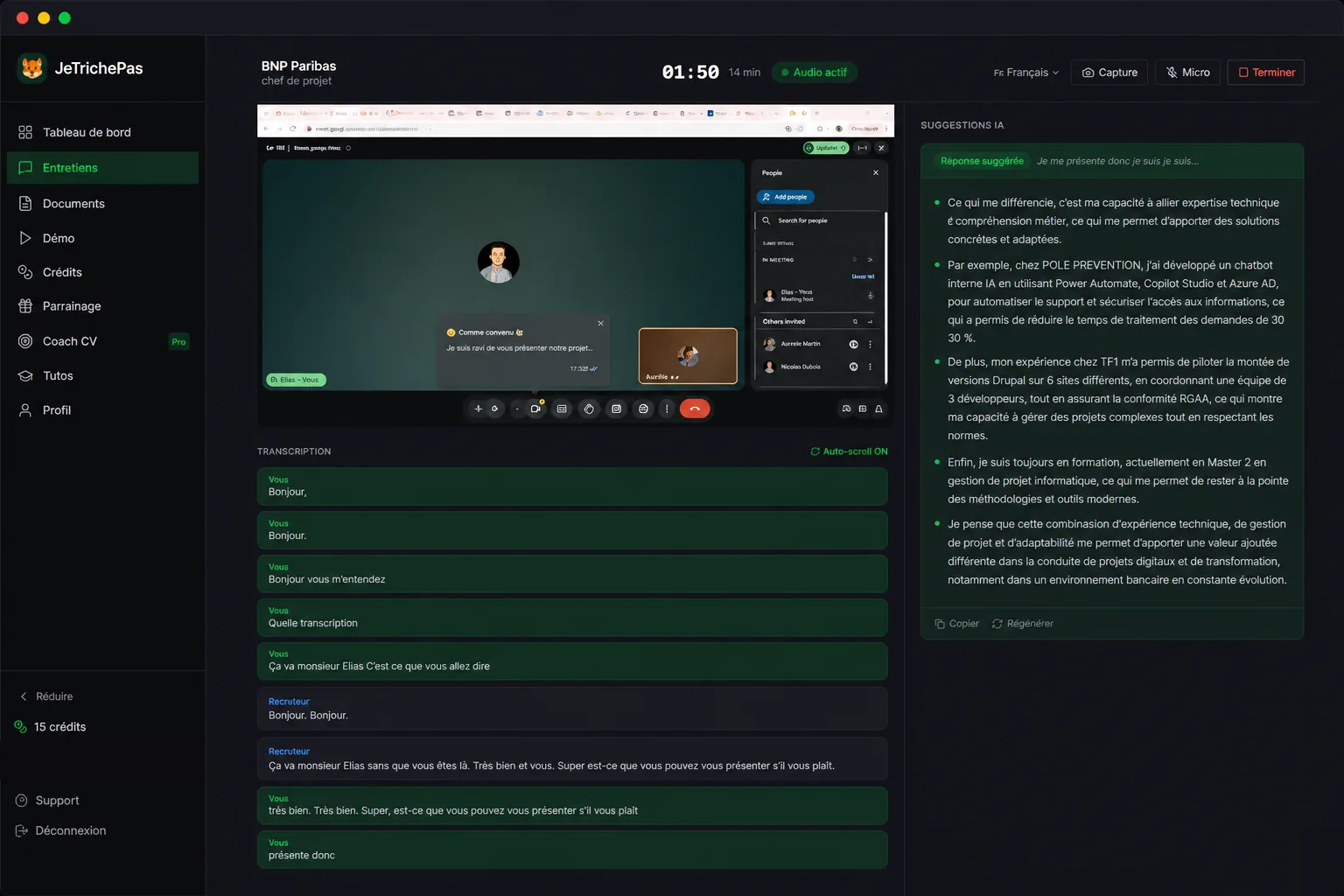 Session live : question du recruteur transcrite et réponse suggérée