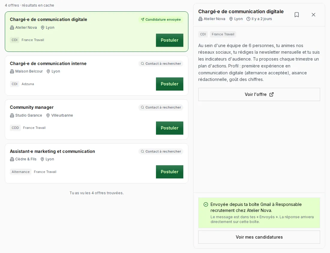 JeTrichePas, module Candidatures : une carte d'offre, le panneau de l'offre et la confirmation « Envoyée depuis ta boîte Gmail »