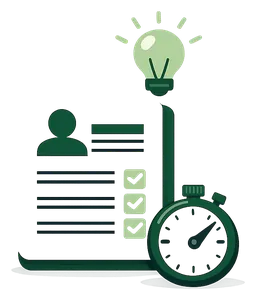 Un CV avec une liste cochée, un chronomètre et une ampoule
