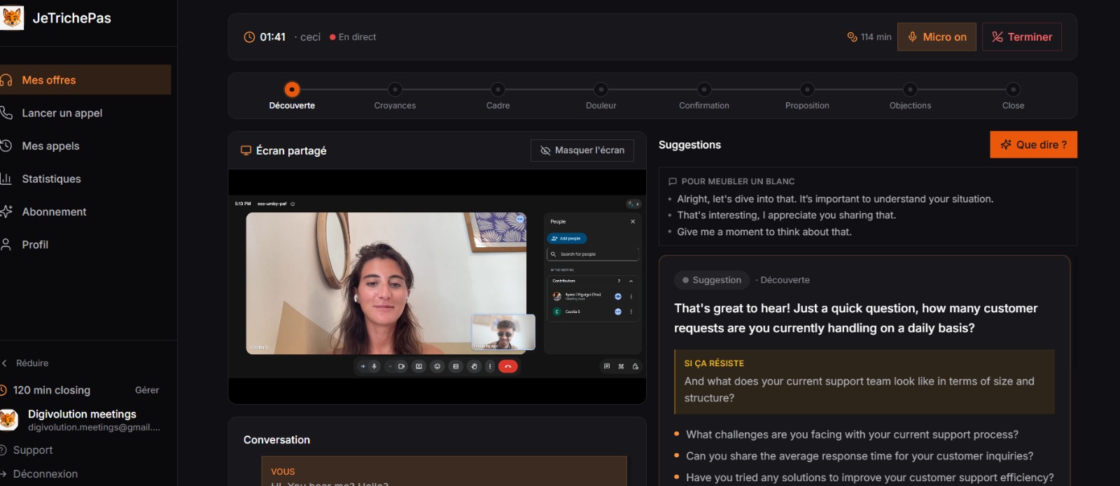 Appel closing en direct : funnel de vente et suggestions de l'IA en temps réel