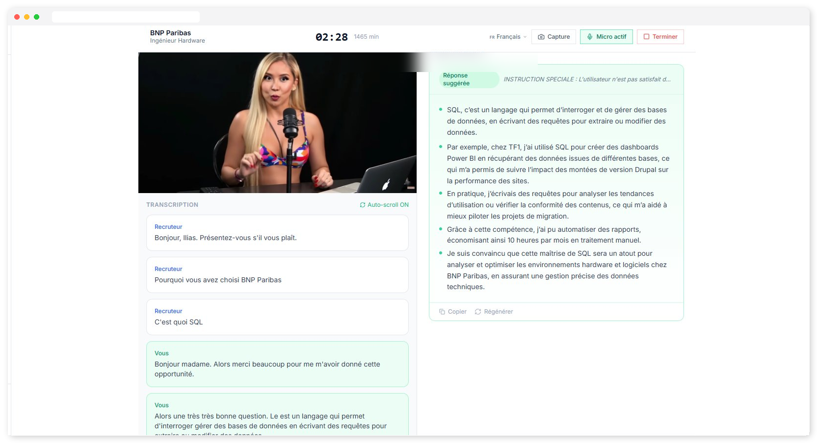 Session d'entretien en direct : transcription des questions et réponse suggérée par l'IA